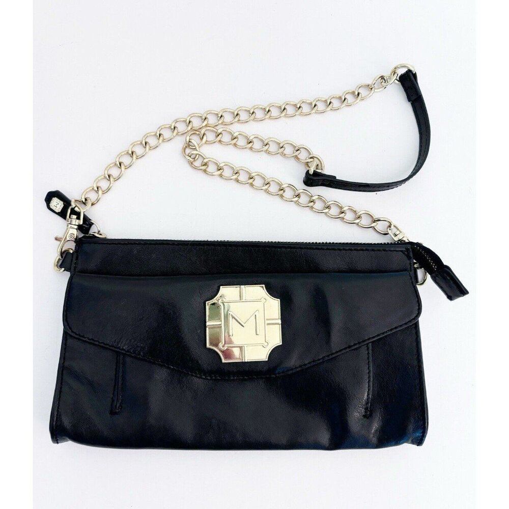 Vintage Black Leather Bag Monet Gold Chain Strap